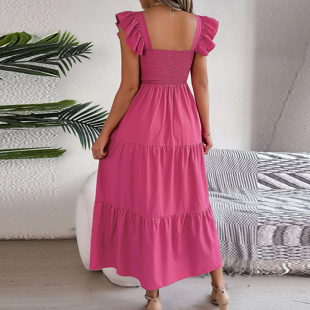 Hot Dress For 2024 Summer Solid Color Square Neck Elastic Waist  A Line Slimming Long Vestido Womens Mother Of The Bride Dresses