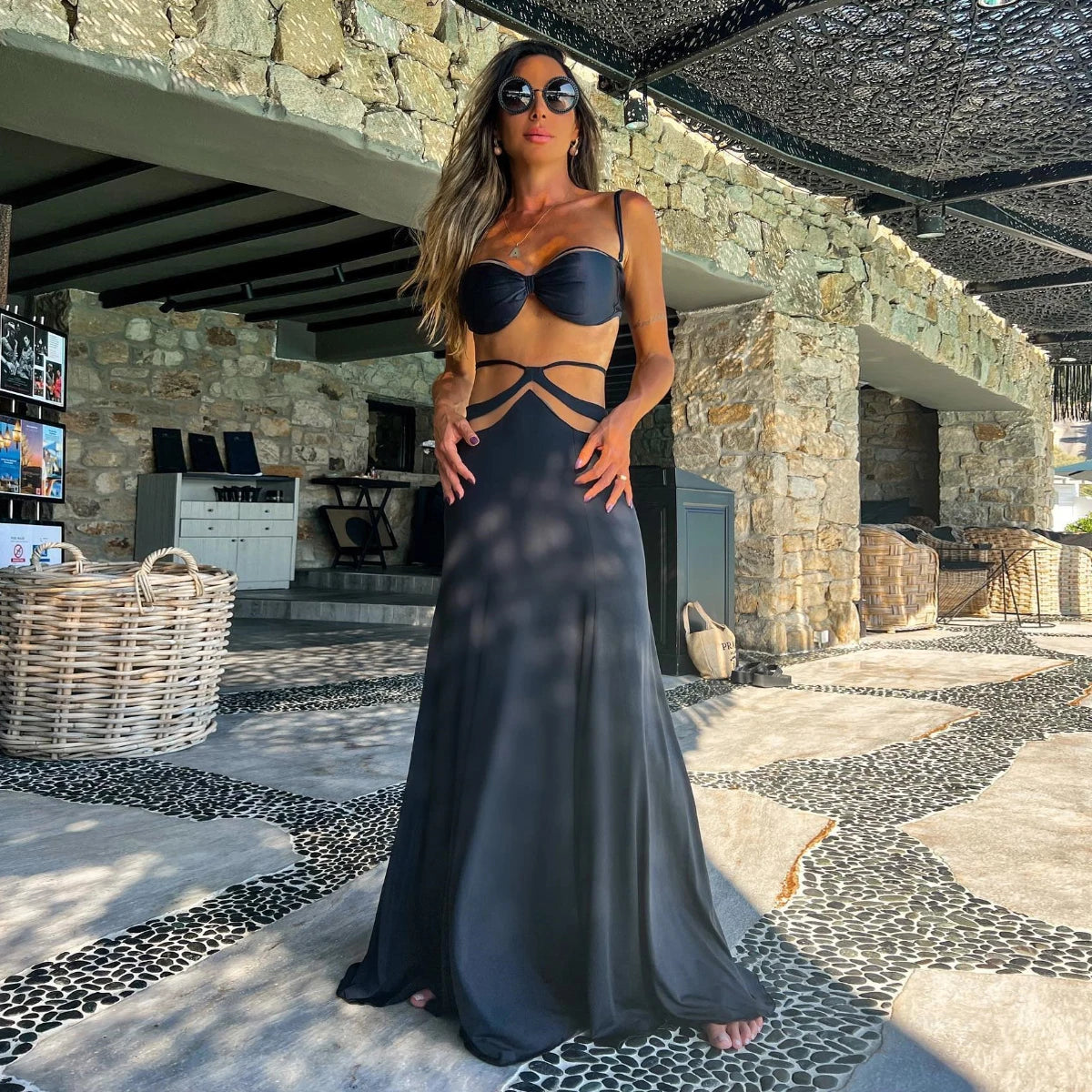 Black Sexy Bikini Pantdress Set Swimwear Women 2025 Off Shoulder SwimSuit Summer Ladies Bikini Dress Mesh Bathing Suit Beachwear