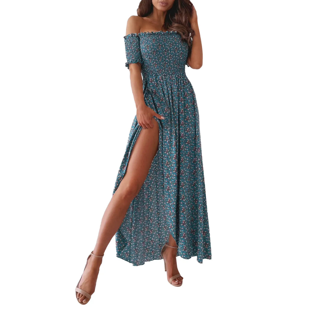 Women Elegant Floral Printed Long Dresses 2023 Summer Sexy Off Shoulder High Slit Party Beach Maxi Dress Ladies Boho Dress