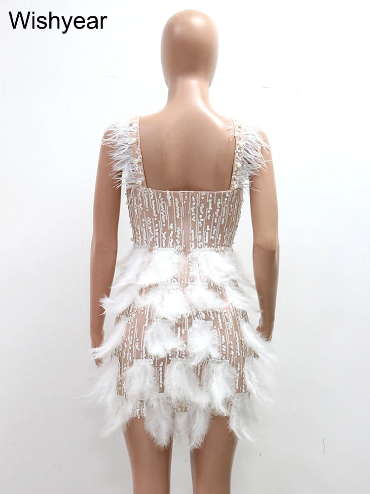New Elegant Luxury Pearl Feather Strap Bodycon Midi Dress Sexy Night Club Party Wedding Guest Evening Women Birthday Clothing