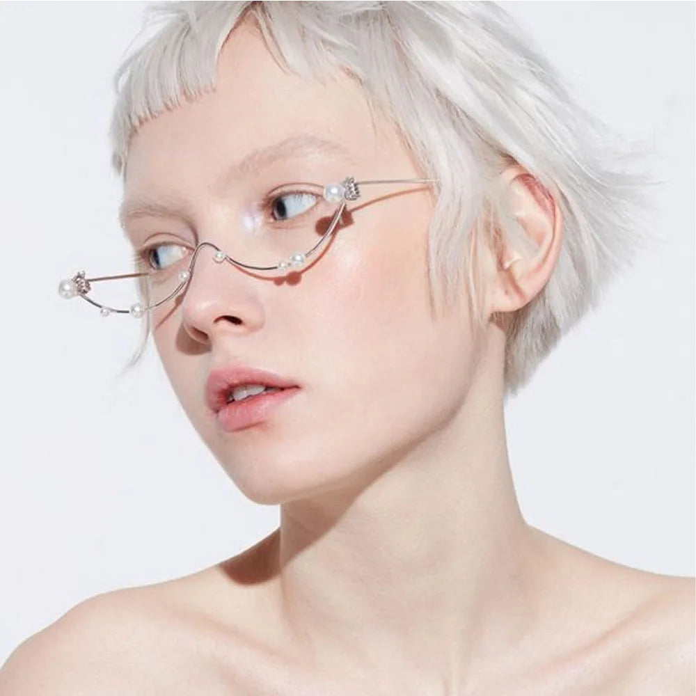 Stonefans Imitation Pearl Glasses Frame for Women No Lens Eye Decoration Exquisite Eyeglasses Y2k Metal Face Jewelry Collapsible