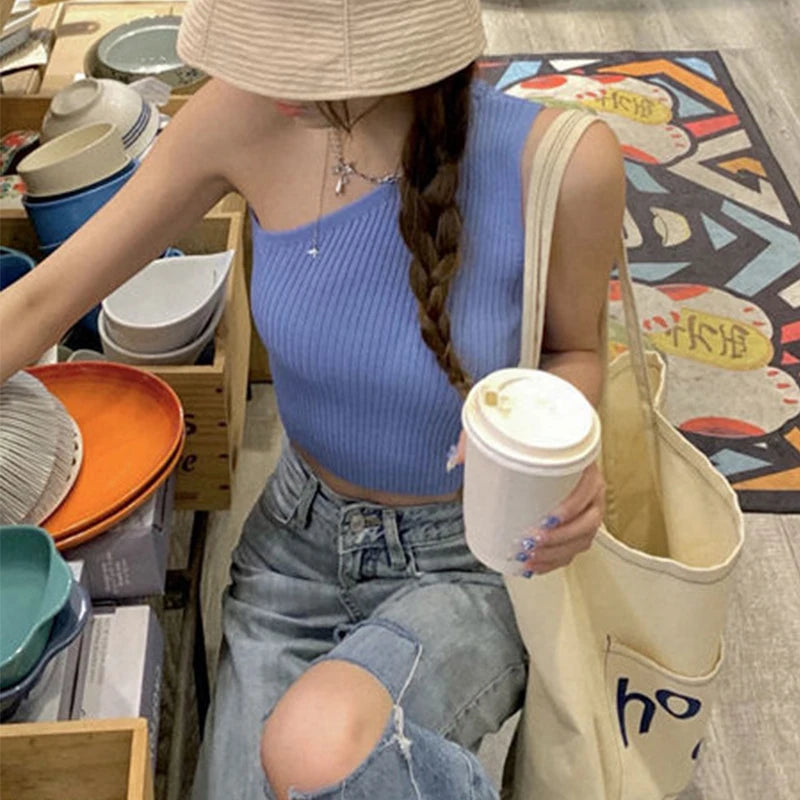 1pcs Women Sports Tank Tops Girls Sexy Crop Tops Lady Fresh Casual Vest Female One Shoulder Summer Tops Fitness Elastic