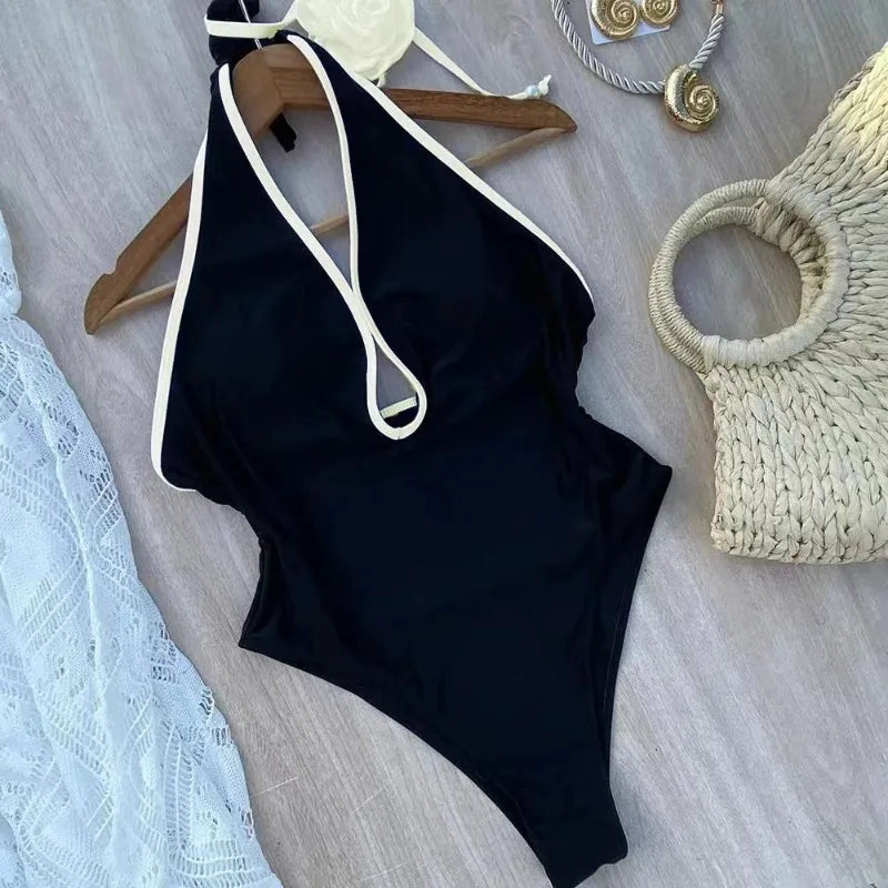 2025 Floral One Piece Swimsuit New Halter Bandage Swimwear Women Swimsuit Bathing Suit Beachwear Monokini Female Swimming Suits