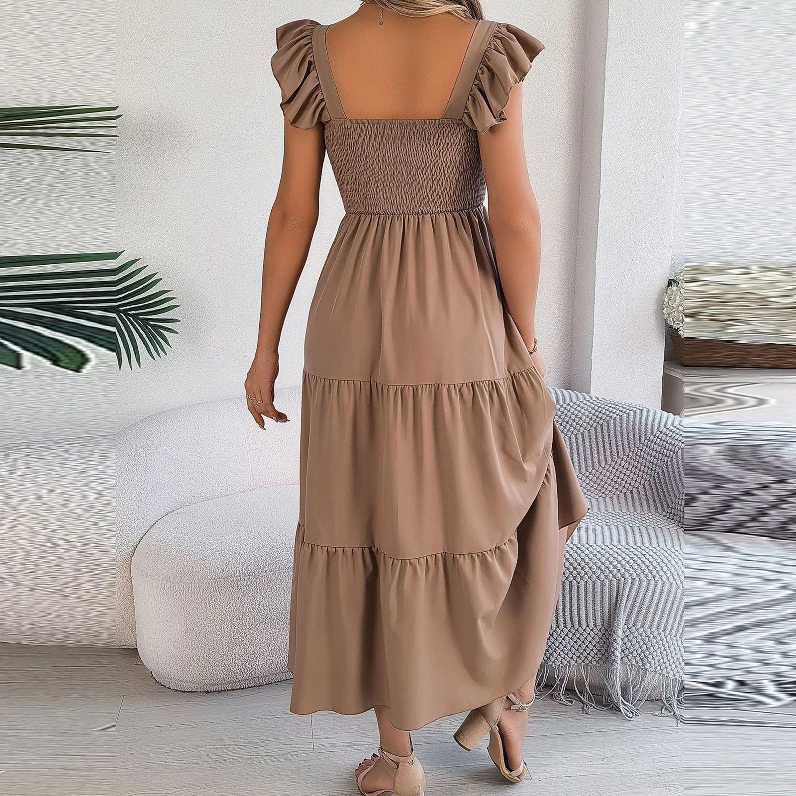 Hot Dress For 2024 Summer Solid Color Square Neck Elastic Waist  A Line Slimming Long Vestido Womens Mother Of The Bride Dresses