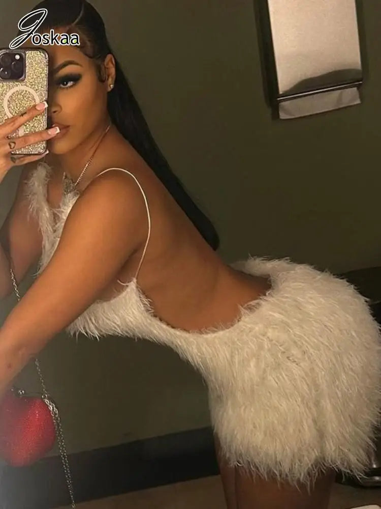 Joskaa Sexy Furry Mini White Dress Women Hipster Spaghetti Strap Low Cut Backless Body-Shaping Vestidos Birthday Party Clubwear