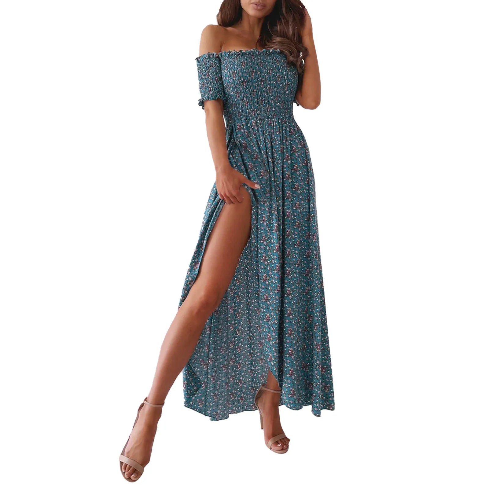Women Elegant Floral Printed Long Dresses 2023 Summer Sexy Off Shoulder High Slit Party Beach Maxi Dress Ladies Boho Dress