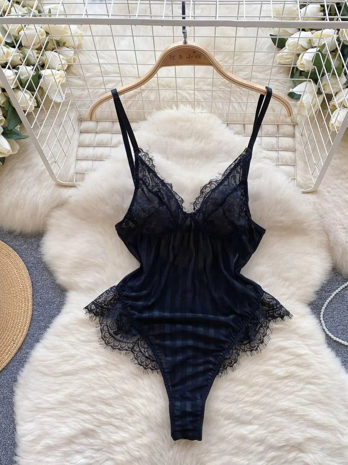 ssTss Black Vest Sling Bodysuit Women's Sexy Backless Mesh Lace Design Slim Fit Body Tight One-pieces Top Lingerie Rompers