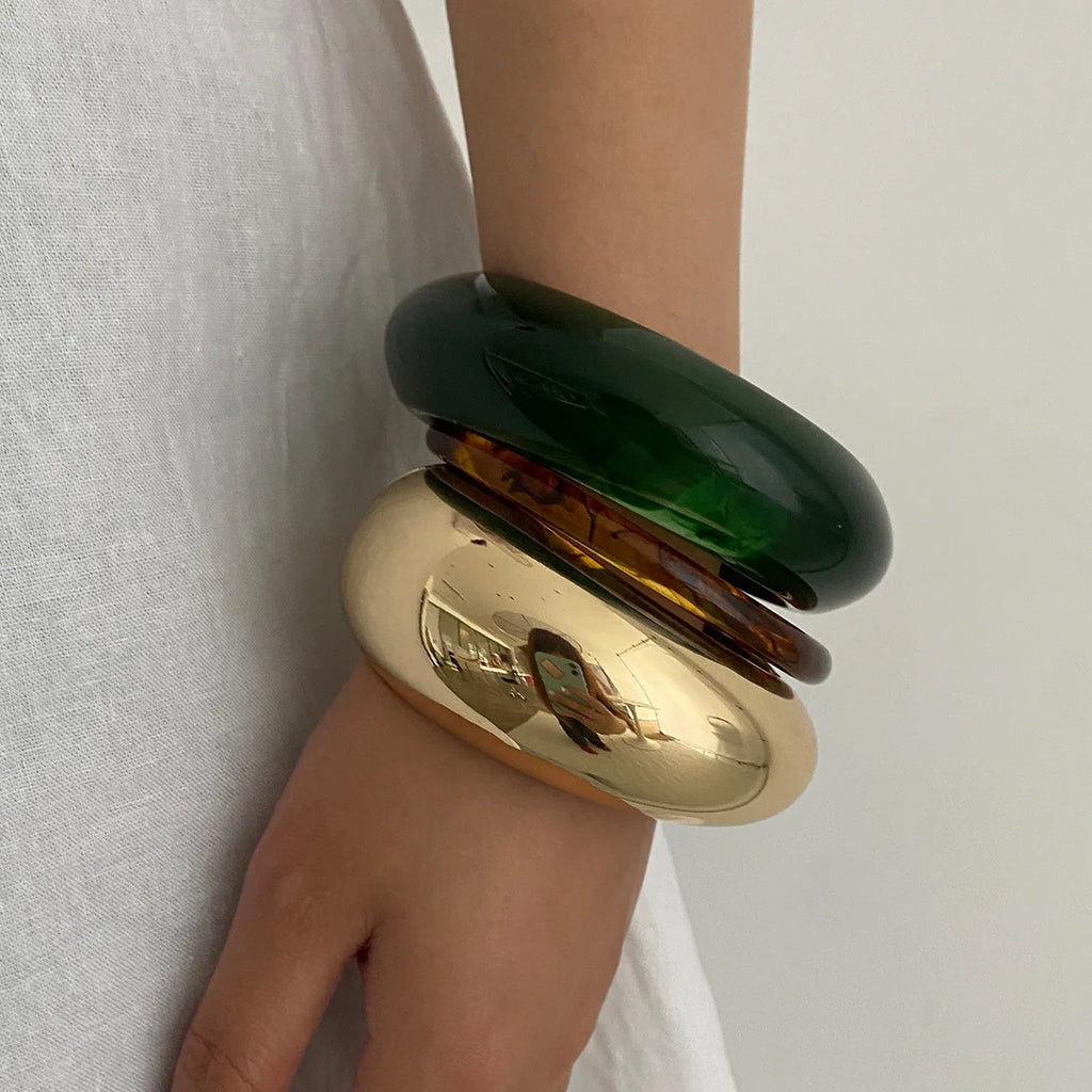 Vintage Irregular Acrylic Resin Chunky Spring Bangles for Women Punk Geometric Metal Cuff Wide Bracelets Pulseras Mujer Jewelry