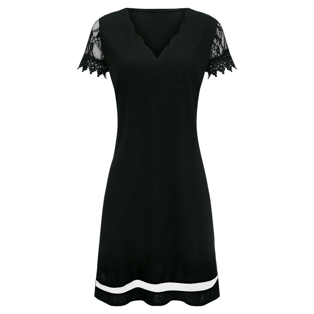 Womens Dresses Fashion Lace Mesh Patchwork Short Sleeve Bodysuit Clothes Elegant Temperament Party Knee Length Women Vestidos