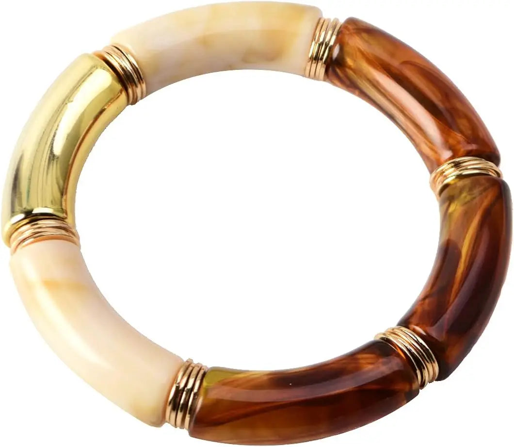 Simple Beaded Gold Bangle Bracelet Chunky Bamboo Tube Curved Stacking Clear Acrylic Colorful Stretchable Bracelets Set For Women
