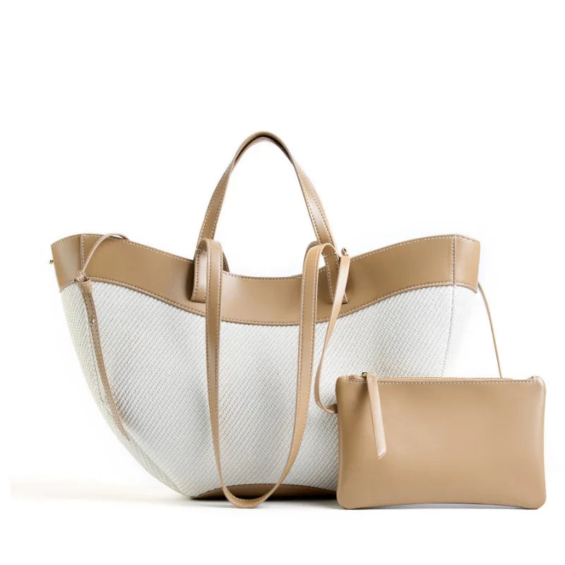 Motingsome Summer Tote Bag Woman Holiday Handbag Luxury Designer Bags Cotton Fabric with Cow Leather Shoulder Purses 2025 New