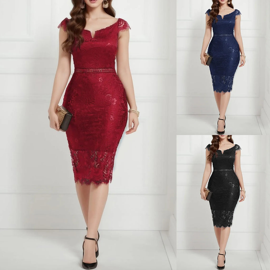 Elegant Lace Evening Dress Women Wedding Party V Neck Off Shoulder Dress Sexy Hollow Out Office Ladies Bodycon Formal Dresses