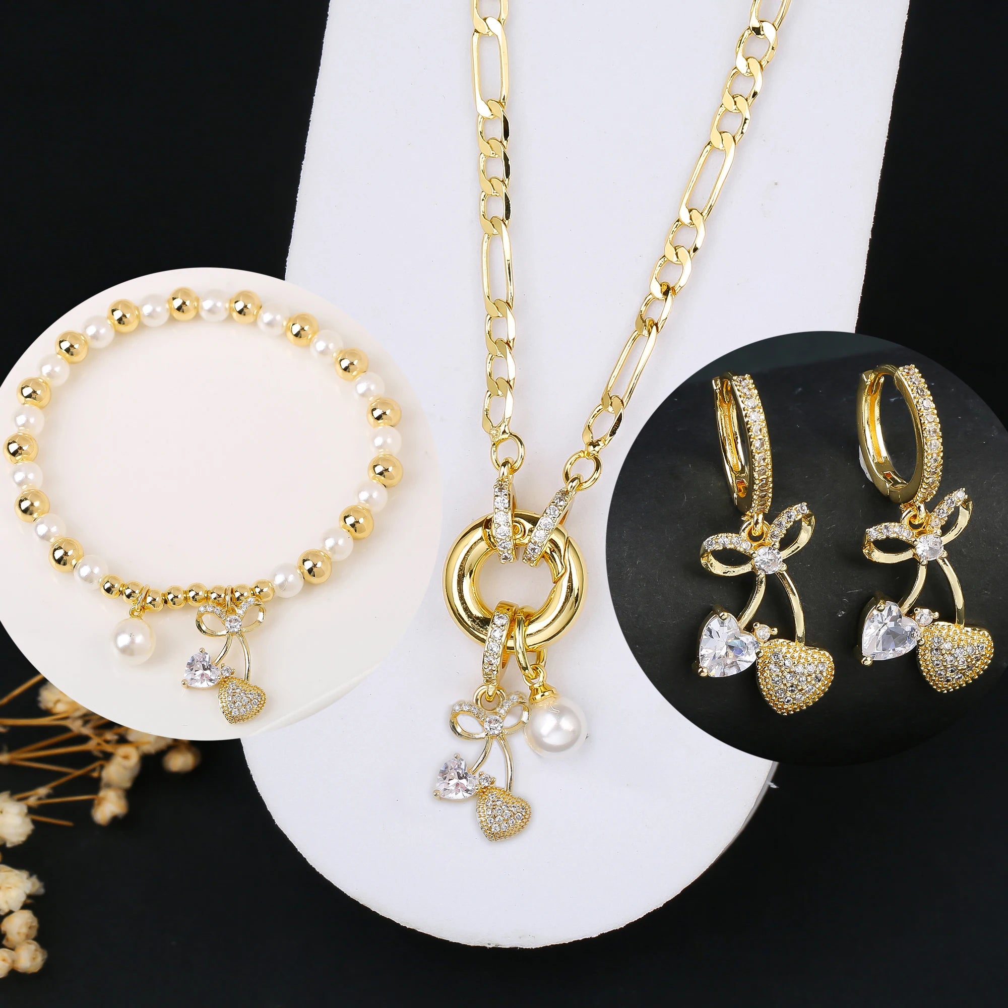 3pcs Hot Sale Shiny Zirconia Crystal Cherry Necklace Bracelet Earrings Jewelry Set Fashion for Woman Girl Wedding Lucky Jewelry
