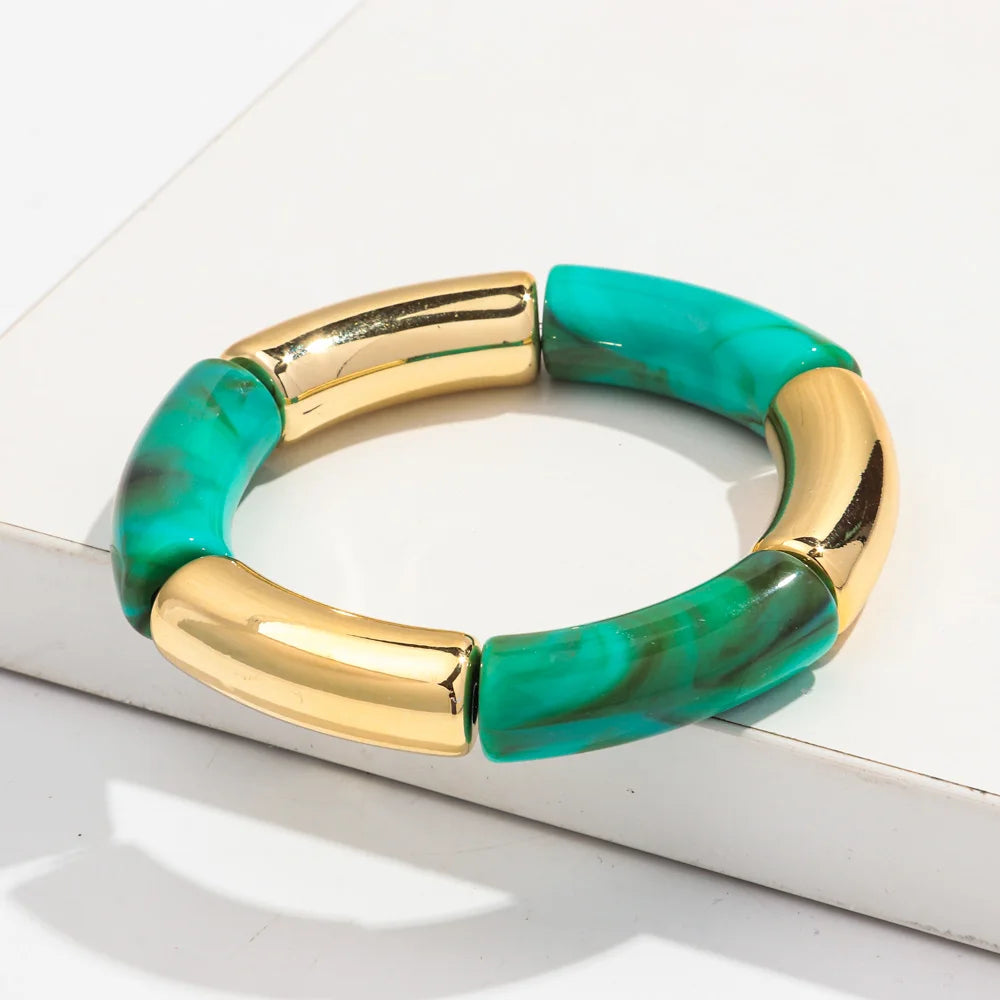 Bohemia Gold Silver Color Acrylic Chunky Bamboo for Women Bracelets Boho Resin Curved Tube Stretchy Bangle Fashion Jewelry