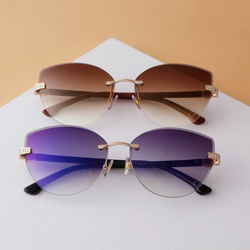 Vintage Cat Eye Rimless Sunglasses Women Brand Frameless Gradient Cut Lens Shade Eyewear Trendy Oversized Men Sun Glasses Female