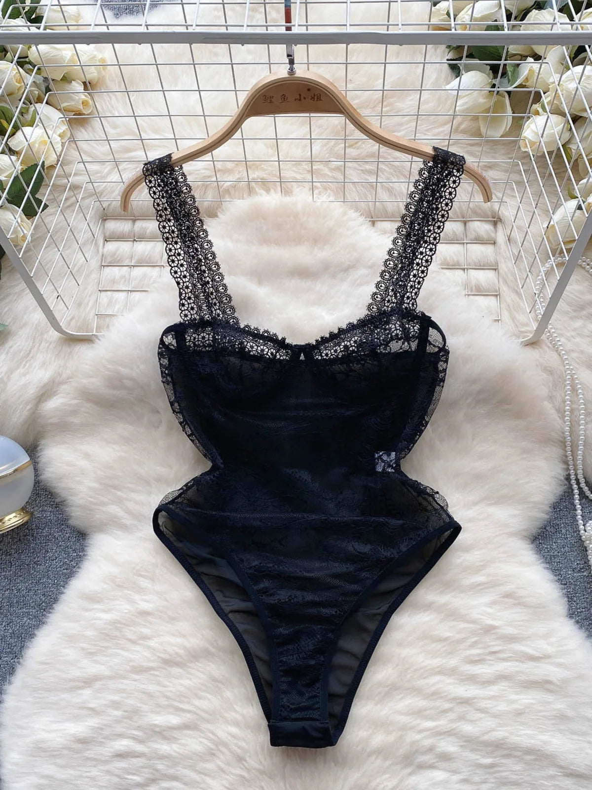 ssTss Fashion Sexy Lace Camisole V-Neck Jumpsuit Women's Sleeveless Slim Fit Mesh Bottom Versatile Bodysuit Tank Top