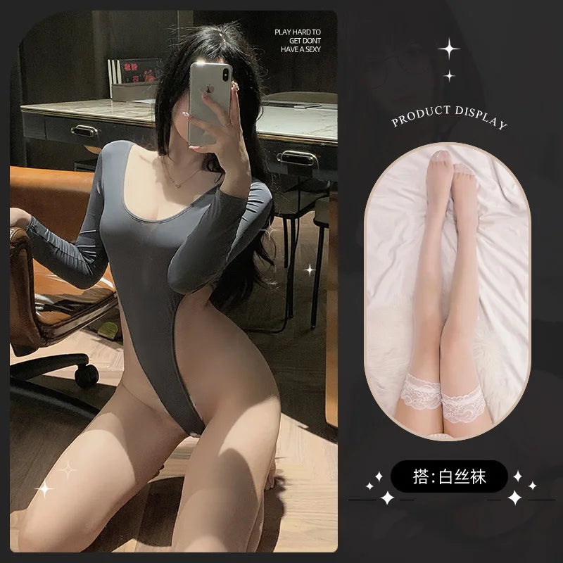 New Spring/Summer sexy lingerie nightgown body suits Long sleeved pure desire Solid color slim fit Appear thin 8194 MVLJ