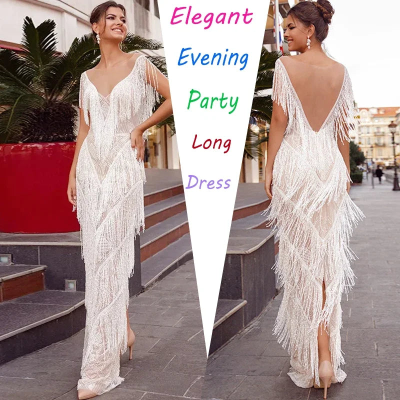 Sexy Wedding Dress Deep V Neck Tassels Dresses Sleeveless Long Dresses Evening Prom Gowns Elegant Wedding Guest Dresses