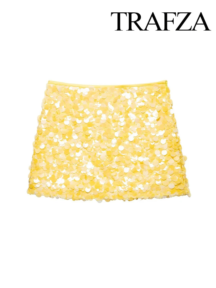 TRAFZA Women Summer Fashion Versatile High Waist Slim Sequin Mini Skirt Female Sexy Hip Side Zipper Punk Party Short Skirt Mujer