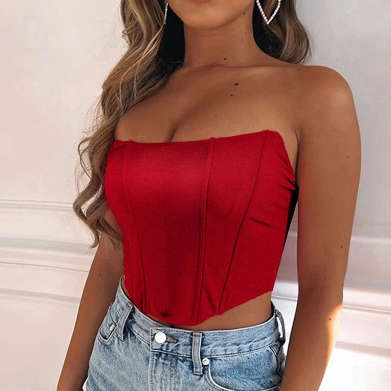 1pcs Sleeveless Off Shoulder Fashion Sexy Corset Crop Tops Vest Female Underwear Backless Bustier Top Solid S M L