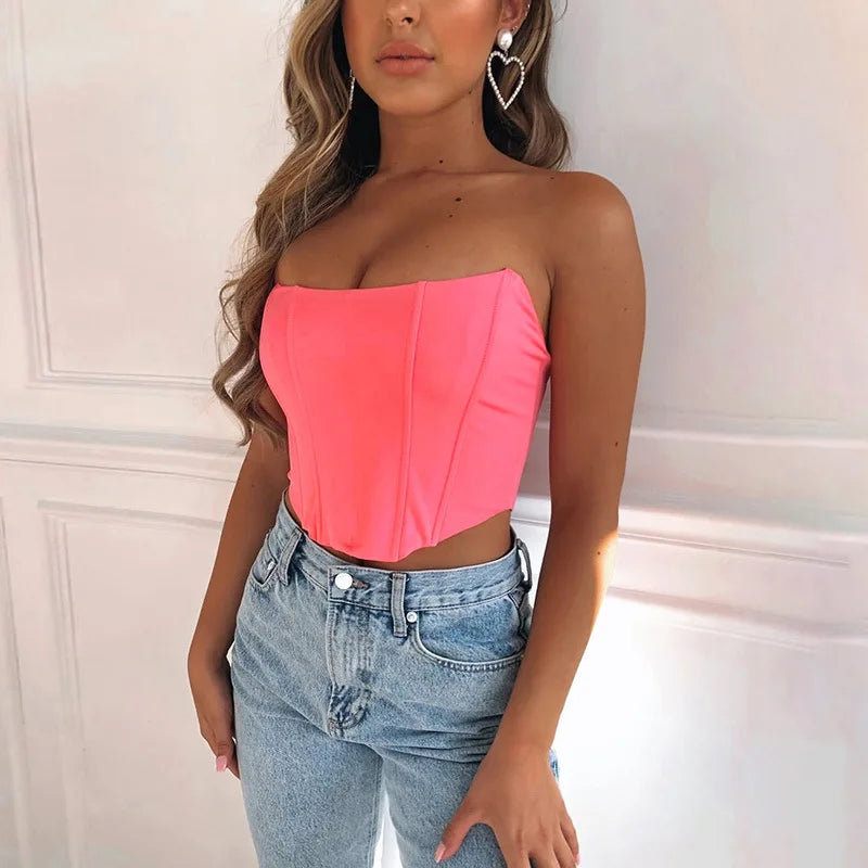 1pcs Sleeveless Off Shoulder Fashion Sexy Corset Crop Tops Vest Female Underwear Backless Bustier Top Solid S M L