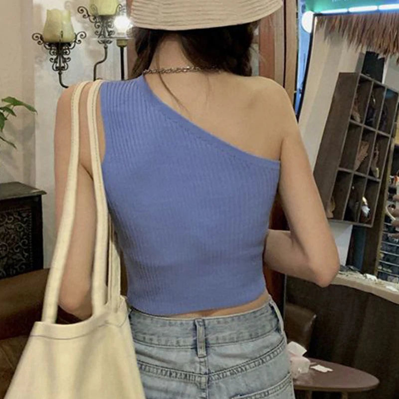 1pcs Women Sports Tank Tops Girls Sexy Crop Tops Lady Fresh Casual Vest Female One Shoulder Summer Tops Fitness Elastic