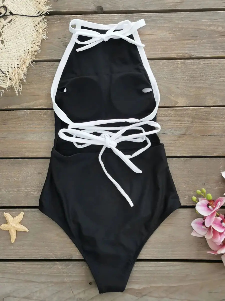 One Piece Halter Women's Swimsuit 2024 Trend New Solid Monokini Sports Swimwear Beach Push-Up Bathing Suit High Waist Bodysuit