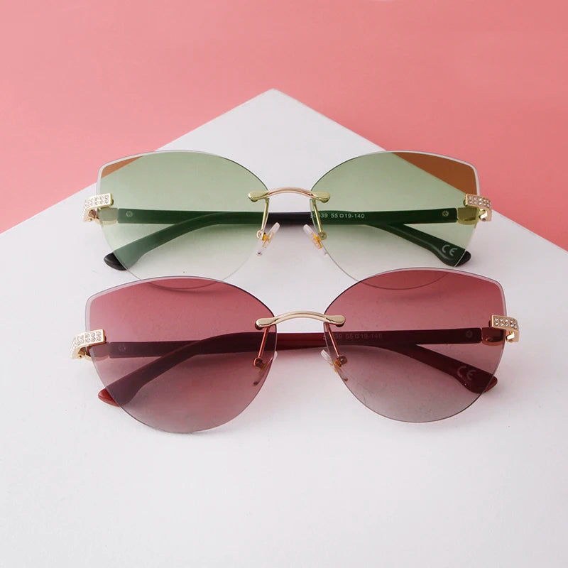 Vintage Cat Eye Rimless Sunglasses Women Brand Frameless Gradient Cut Lens Shade Eyewear Trendy Oversized Men Sun Glasses Female