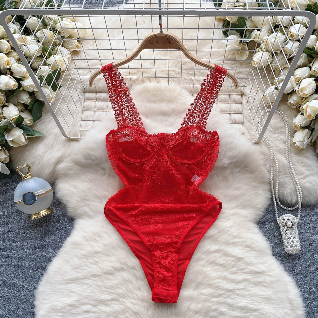 ssTss Fashion Sexy Lace Camisole V-Neck Jumpsuit Women's Sleeveless Slim Fit Mesh Bottom Versatile Bodysuit Tank Top