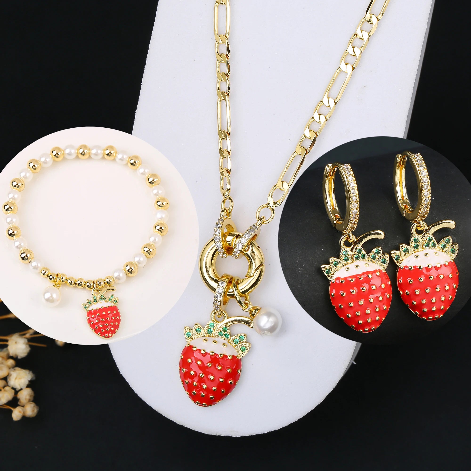 3pcs Hot Sale Shiny Zirconia Crystal Cherry Necklace Bracelet Earrings Jewelry Set Fashion for Woman Girl Wedding Lucky Jewelry