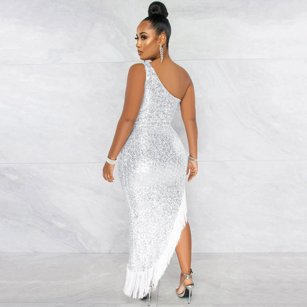 Women Sexy Gala Dress Slopping Shoulder Sleeveless Split Tassel Sequin Evening Dresses Sequins High Split Wrap Buttocks Skirt
