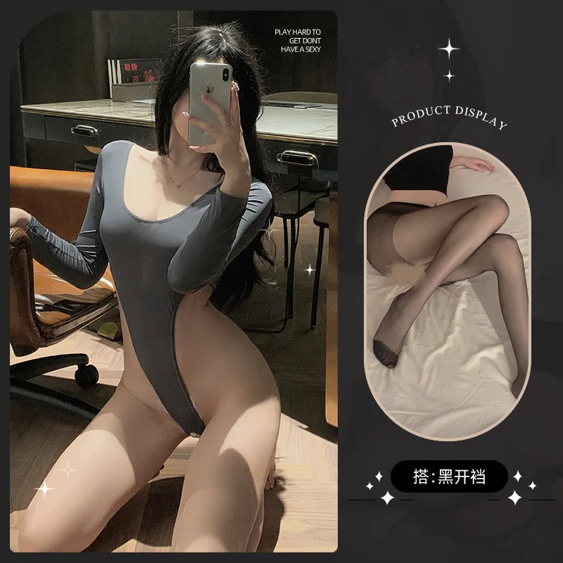 New Spring/Summer sexy lingerie nightgown body suits Long sleeved pure desire Solid color slim fit Appear thin 8194 MVLJ