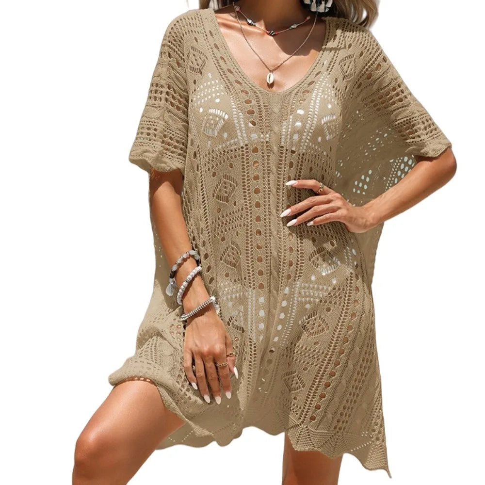 Summer European and American Holiday Hollow Texture Deep V Loose Pullover Sunscreen Beach Hood Cover Skirt