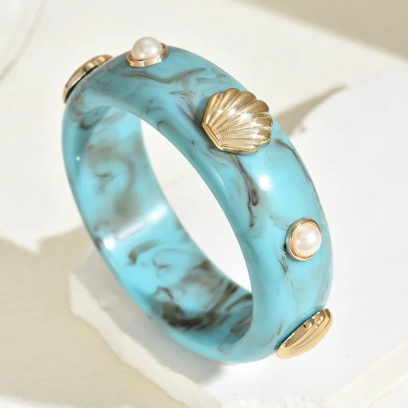 DIEZI Exaggerated Resin Pearl Shell Wide Bangles Vintage Fashion Geometric Round Bracelet Bangle For Women Men Gift Jewelry