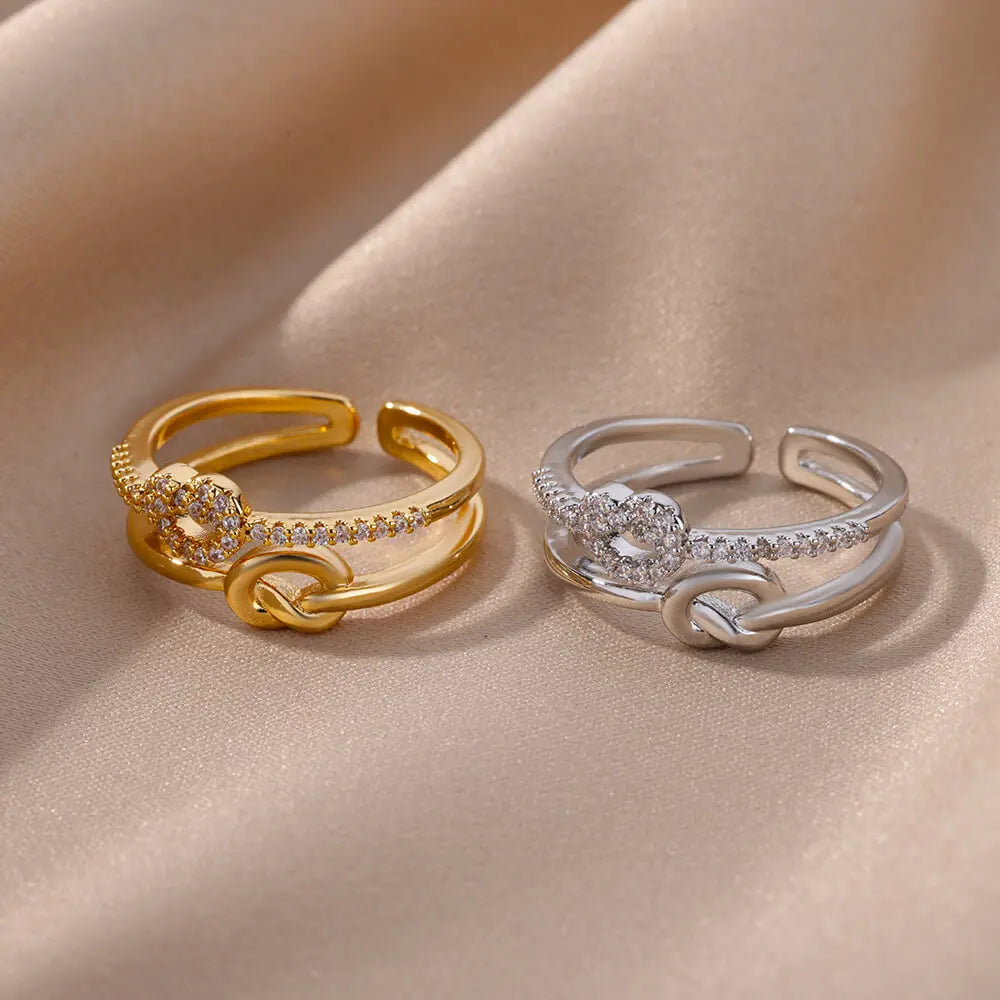 Knot Zircon Ring for Women Stainless Steel Gold Color Open Finger Rings Aesthetic Waterproof Jewelry Accessories anillo mujer