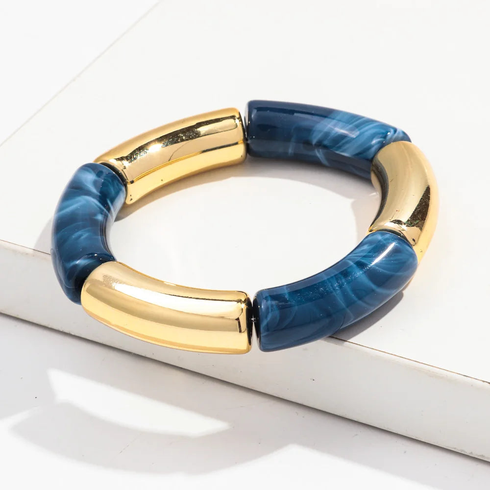 Bohemia Gold Silver Color Acrylic Chunky Bamboo for Women Bracelets Boho Resin Curved Tube Stretchy Bangle Fashion Jewelry