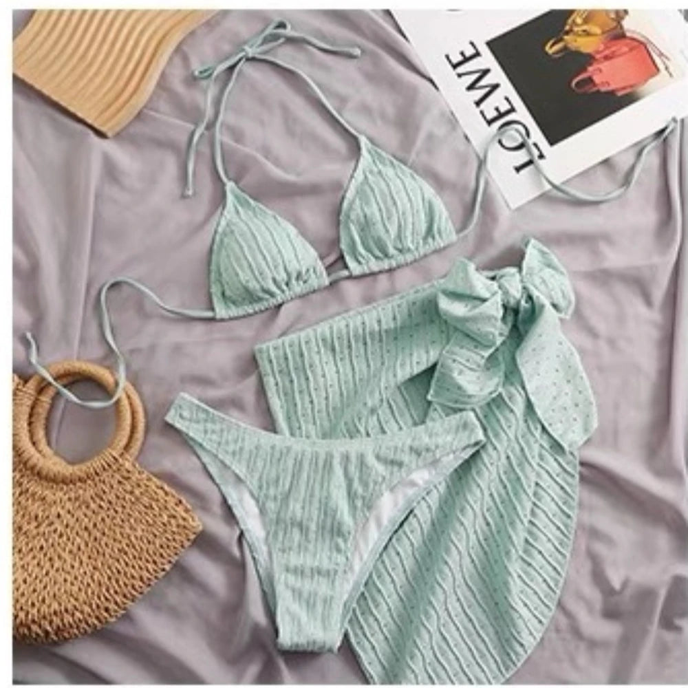Sexy Swimsuit Women's Bikini Chest Cushion No Steel Support Three Piece Split Set Swimming Water Sports