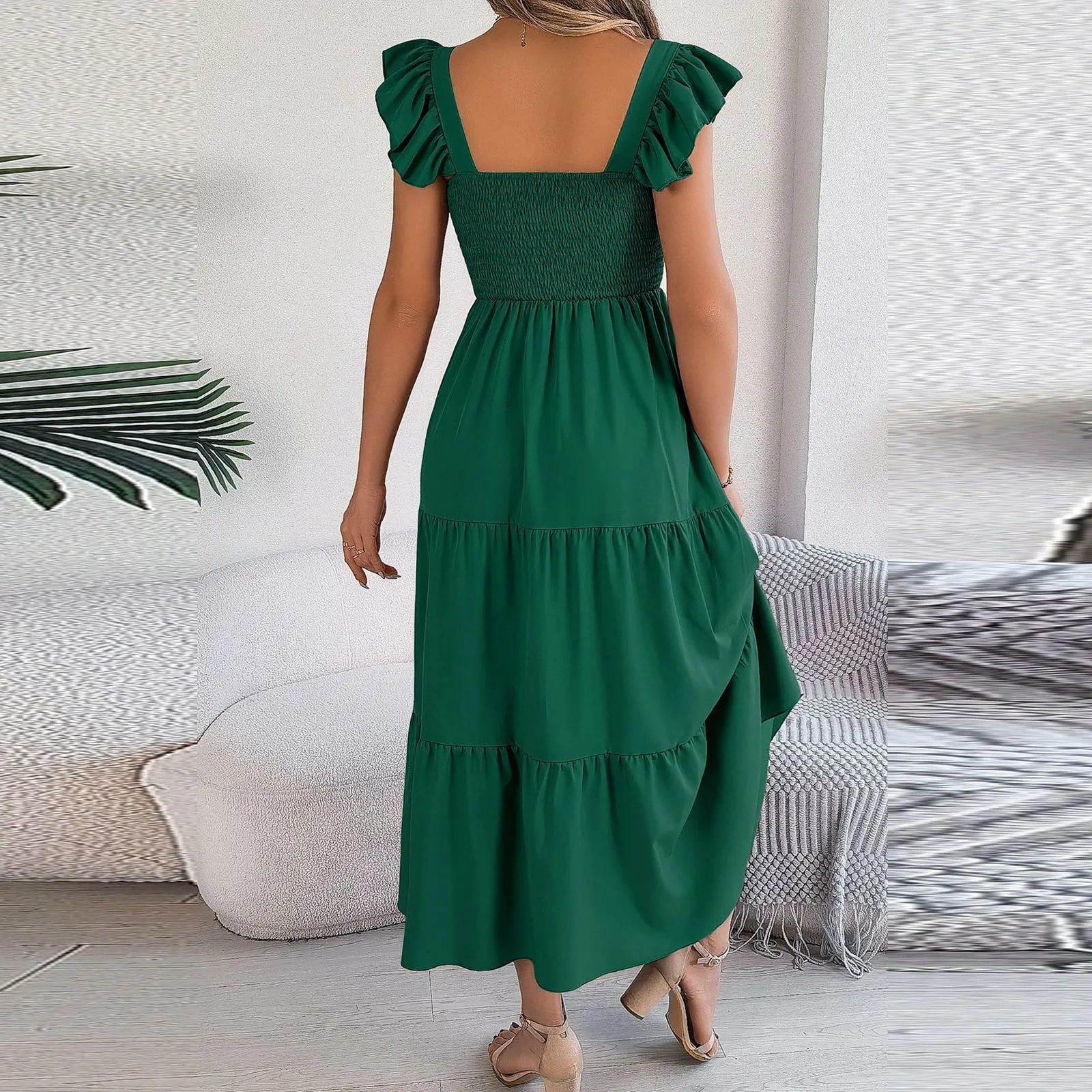 Hot Dress For 2024 Summer Solid Color Square Neck Elastic Waist  A Line Slimming Long Vestido Womens Mother Of The Bride Dresses