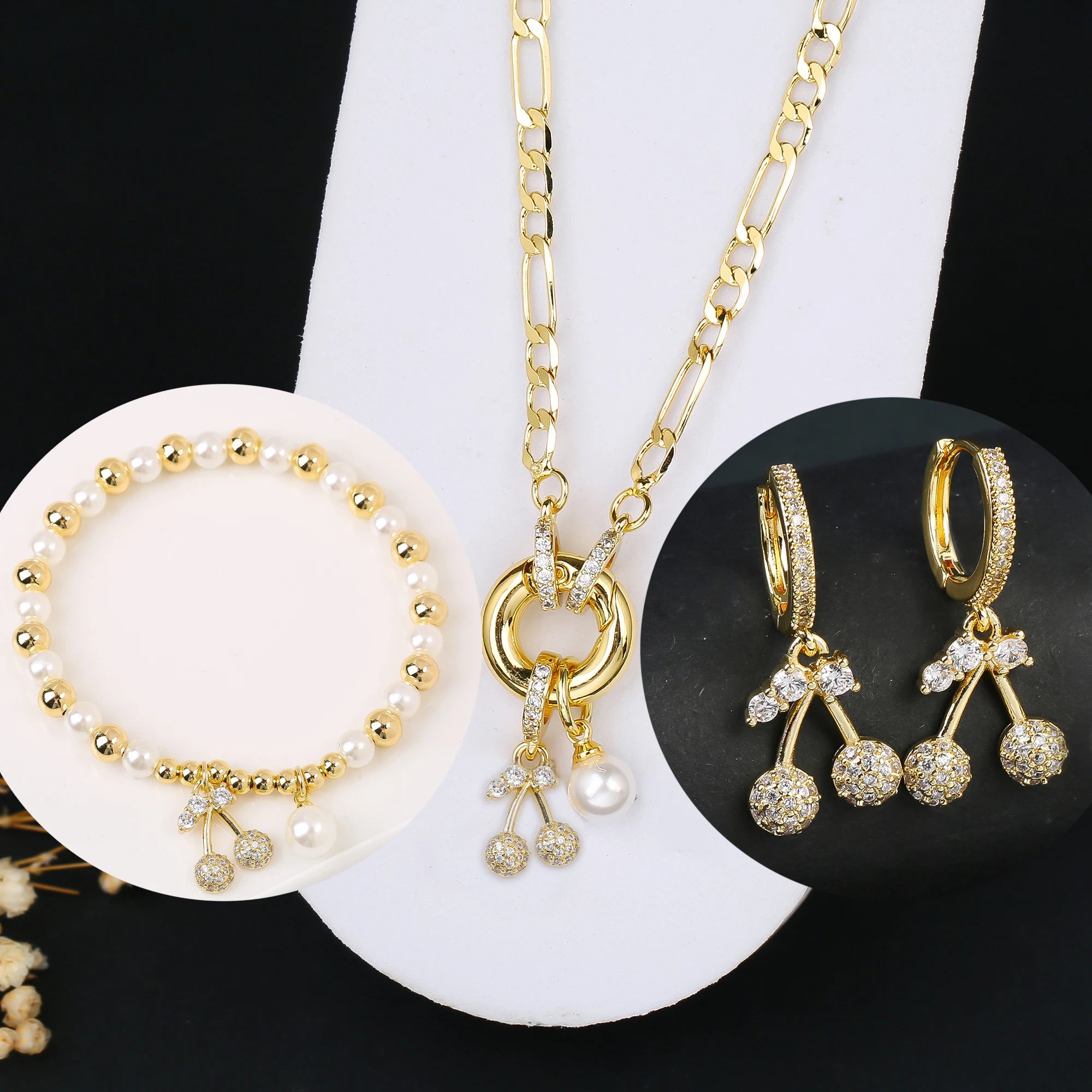3pcs Hot Sale Shiny Zirconia Crystal Cherry Necklace Bracelet Earrings Jewelry Set Fashion for Woman Girl Wedding Lucky Jewelry