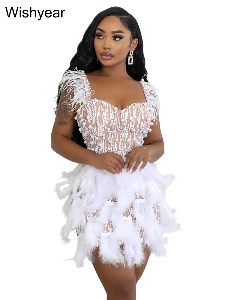 New Elegant Luxury Pearl Feather Strap Bodycon Midi Dress Sexy Night Club Party Wedding Guest Evening Women Birthday Clothing
