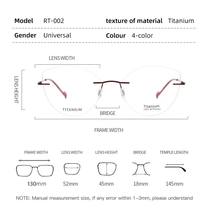 Pure Titanium Glasses Anti Blue Light Rimless Cat Eyes Transparent Women's Glasses with Diopters Plus Women's Eyeglass Frame +1