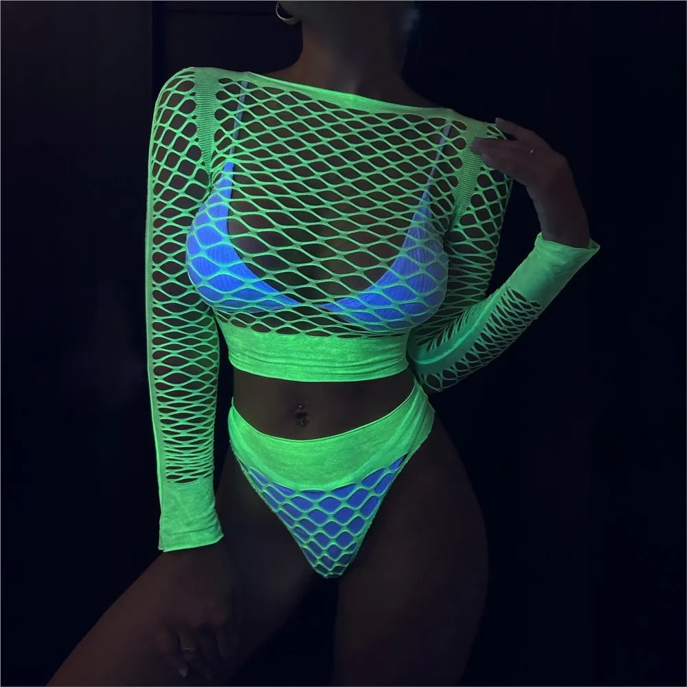 Fluorescent green glow in the dark hollow bikini two-piece set fishing net fun women's hood Beach swimsuits woman 2025 Sex shop