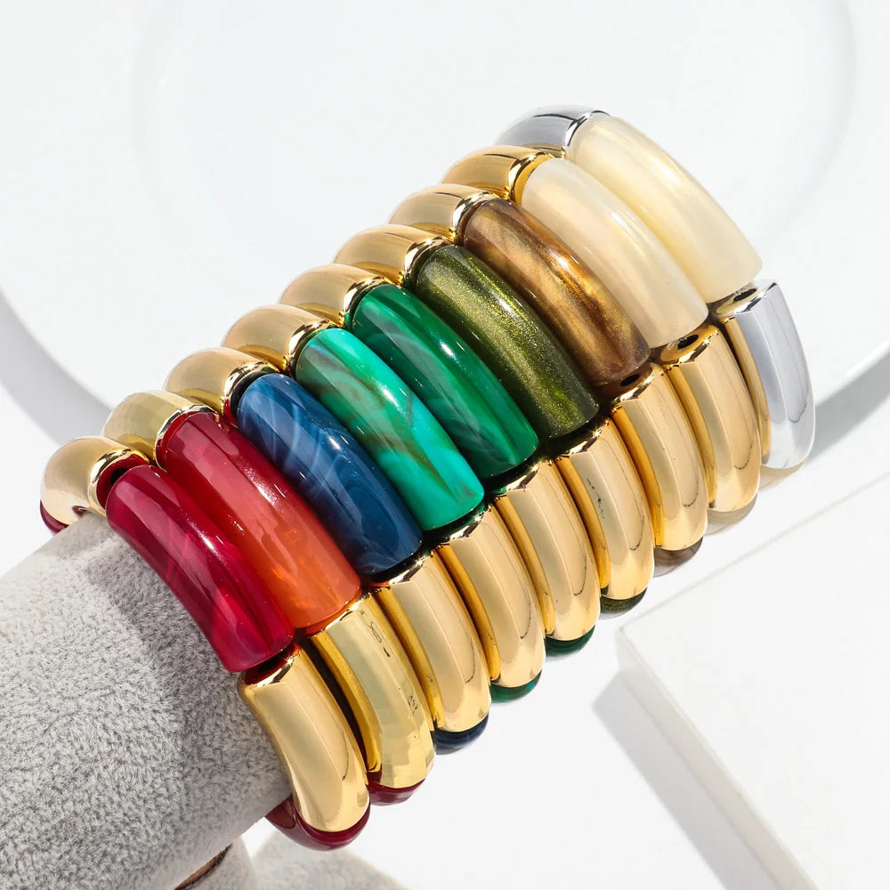 Bohemia Gold Silver Color Acrylic Chunky Bamboo for Women Bracelets Boho Resin Curved Tube Stretchy Bangle Fashion Jewelry