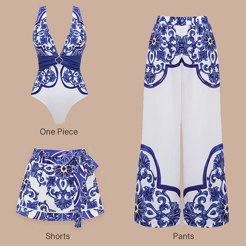 Woman Swimsuits 2025 Beach Dress V Neck Classic Majolica Series Pattern Print One Piece Swimsuit and Pants or Shorts Beachwear