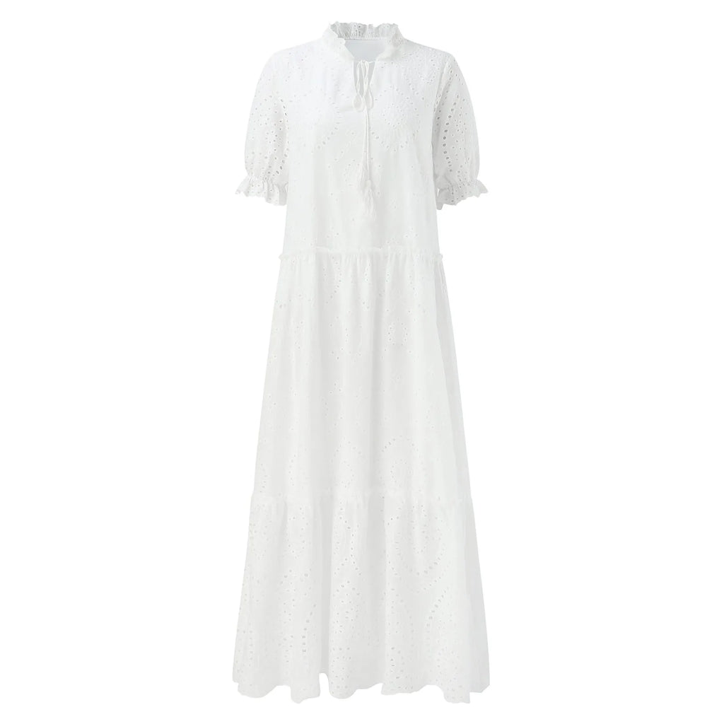 Ladies Hollow Solid Casual Dresses Leisure Sweet V Neck Summer Dress Hanging Beard Short Sleeve Medium Length Dress For Women