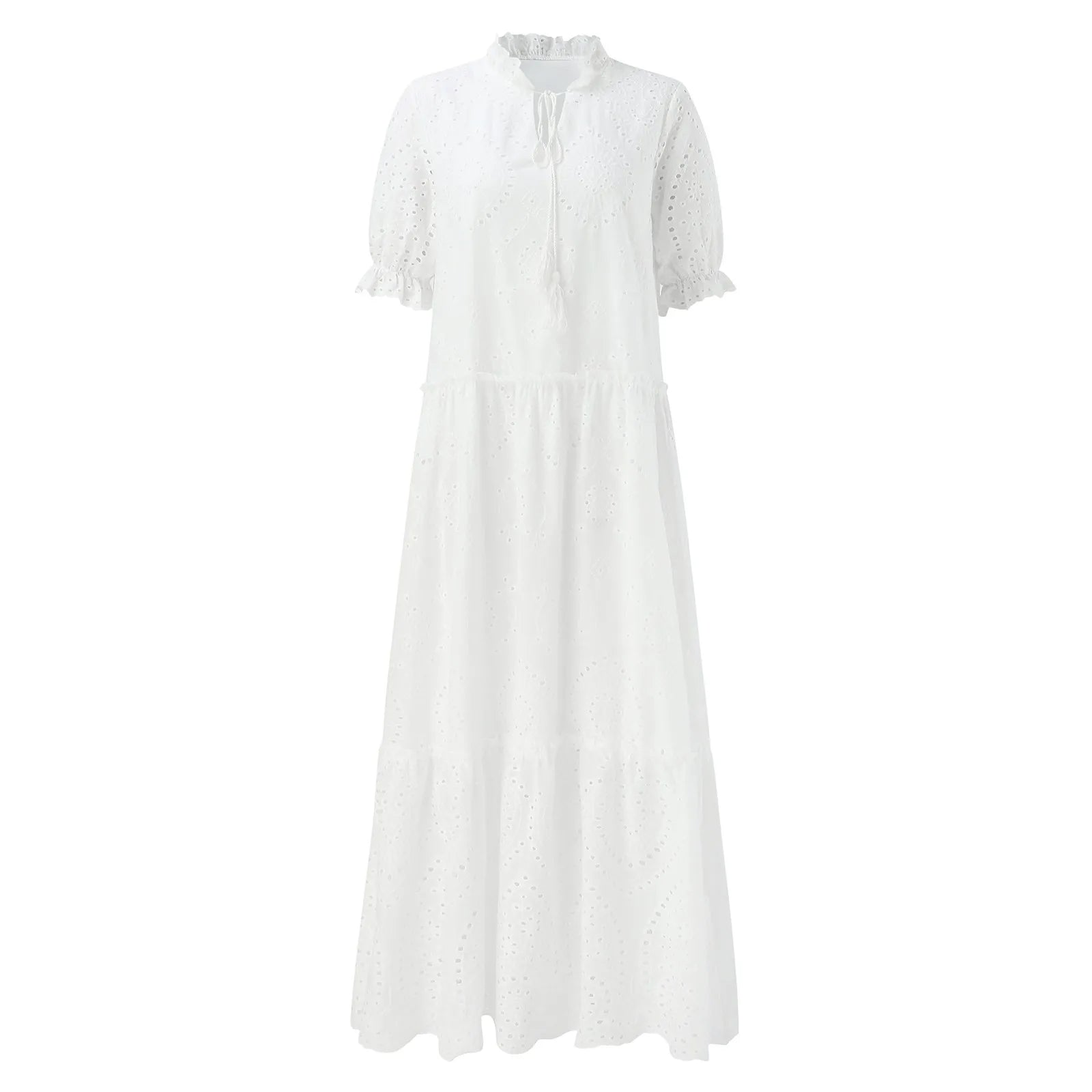 Ladies Hollow Solid Casual Dresses Leisure Sweet V Neck Summer Dress Hanging Beard Short Sleeve Medium Length Dress For Women