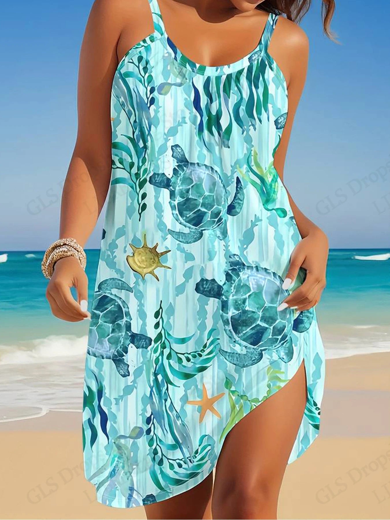 New Women Dress Sleeveless Elegant For Women Fashion Summer Mini Strap Beach Dress Sea Turtle 3d Print Dresses Bohemian Party