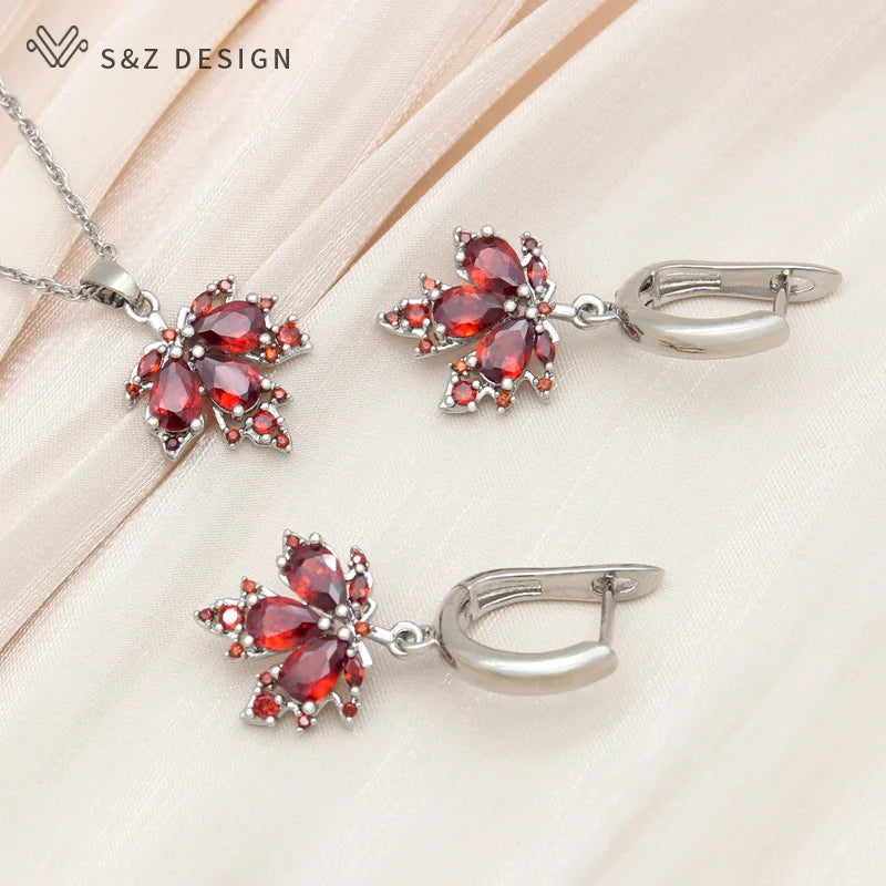 S&Z DESIGN New Fashion 585 Rose Gold Color Red Maple Leaf Zirconia Dangle Earrings Jewelry Sets For Women Wedding Necklace