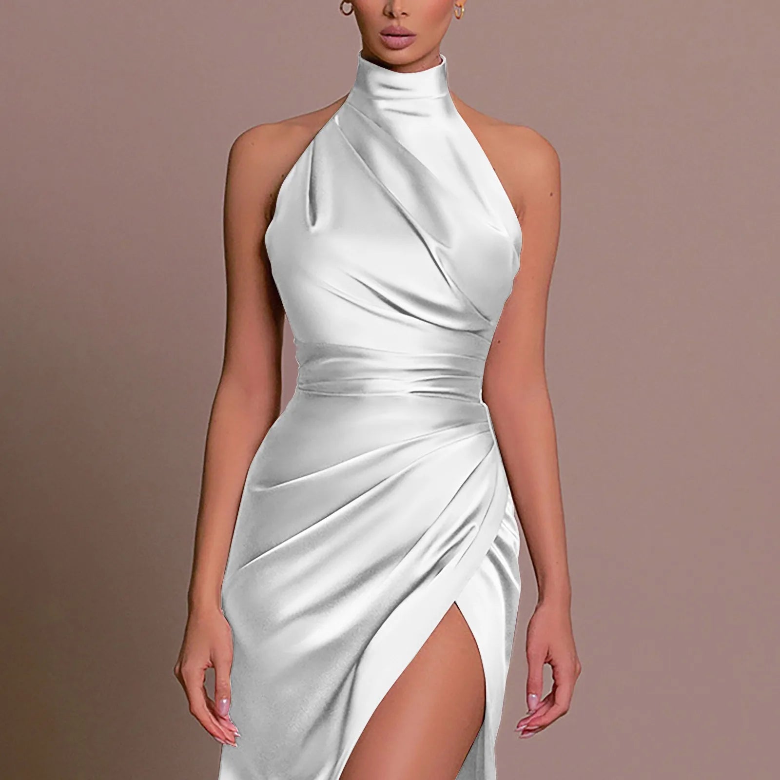 Bridesmaid Formal Dresses For Women Slim Fit Turtleneck Slit Satin Prom Dress Women's High Waist Pleated Evening Party Dresses
