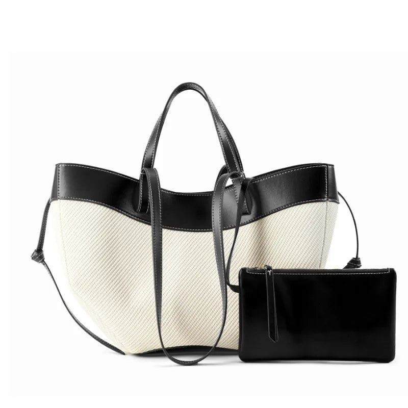 Motingsome Summer Tote Bag Woman Holiday Handbag Luxury Designer Bags Cotton Fabric with Cow Leather Shoulder Purses 2025 New